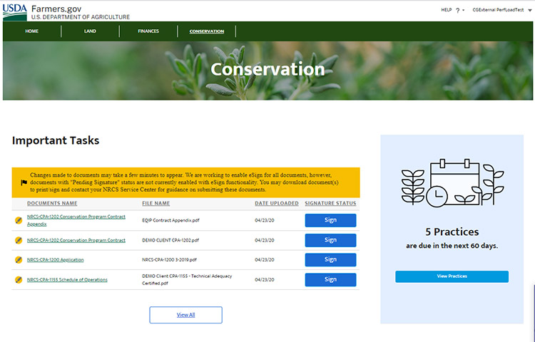 A screenshot of the farmers.gov portal showing an example of how it appears when a user logins in.