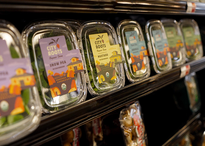 Packaged produce on store shelf