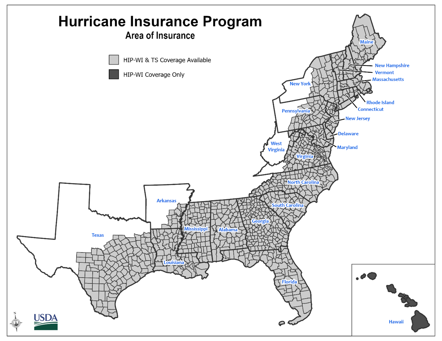 Map of affected states: Alabama Alabama    Arkansas    Connecticut    Delaware    Florida    Georgia    Hawaii (Tropical Storm option not available)   Louisiana    Maine    Maryland    Massachusetts    Mississippi    New Hampshire    New Jersey    New York    North Carolina    Pennsylvania    Rhode Island    South Carolina    Texas    Vermont    Virginia    West Virginia  