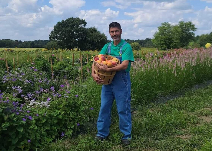 Person holding a basket of pumpkins