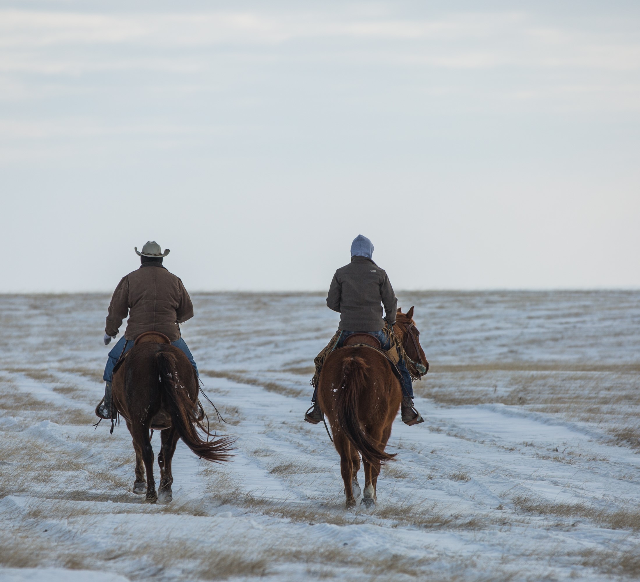 Two people riding horses in a snowy field