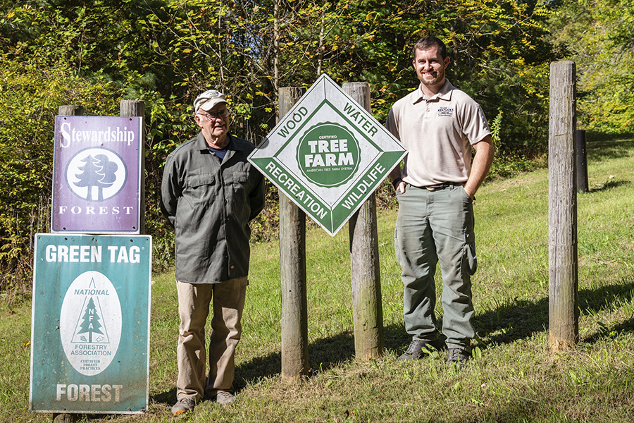 Two people standing next to signs