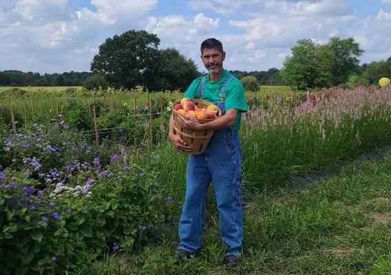 Person standing in a field holding a pumpkin