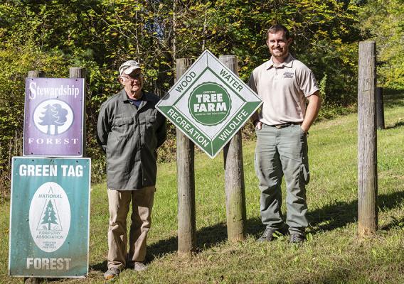 Two people standing next to signs