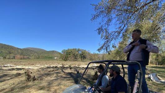 Three people in motorized cart