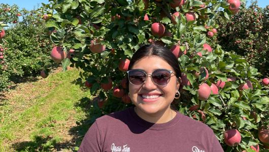 Person standing in front of an apple tree