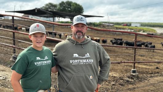 Two people standing next to a fence with cows in the background